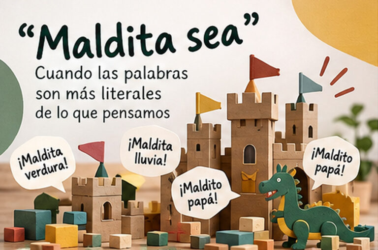 Castillo de juguete con las expresiones maldita sea, maldita verdura, maldita lluvia y maldito papá, una escena sobre la literalidad infantil.