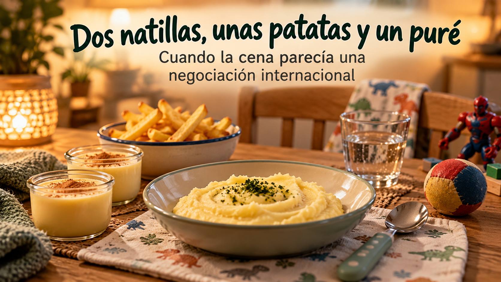 Cena infantil con un plato de puré, dos natillas y patatas fritas sobre una mesa, junto a un vaso de agua y juguetes