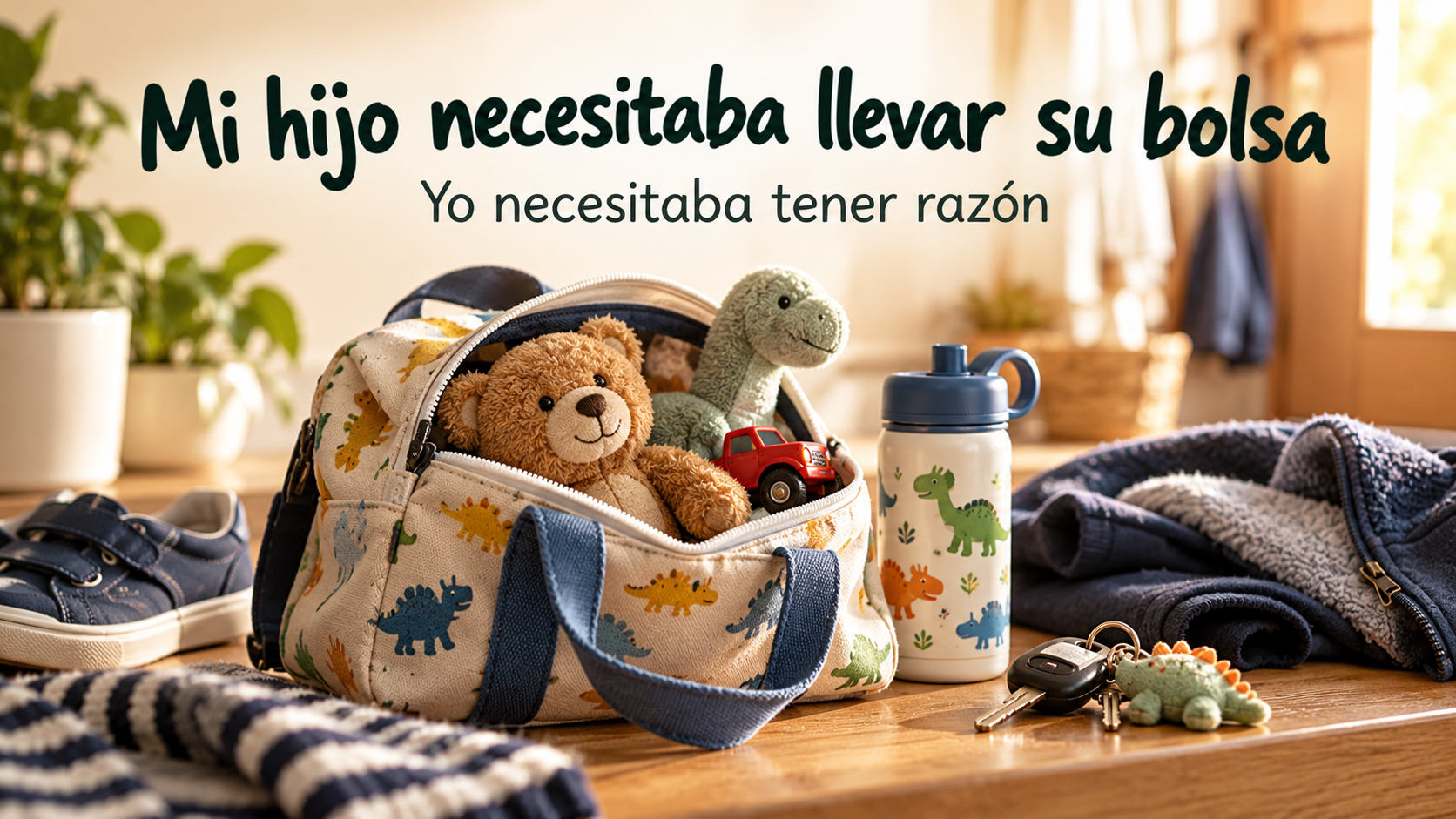 Bolsa infantil con los muñecos de un niño, junto a las llaves, la chaqueta y la botella para salir de casa