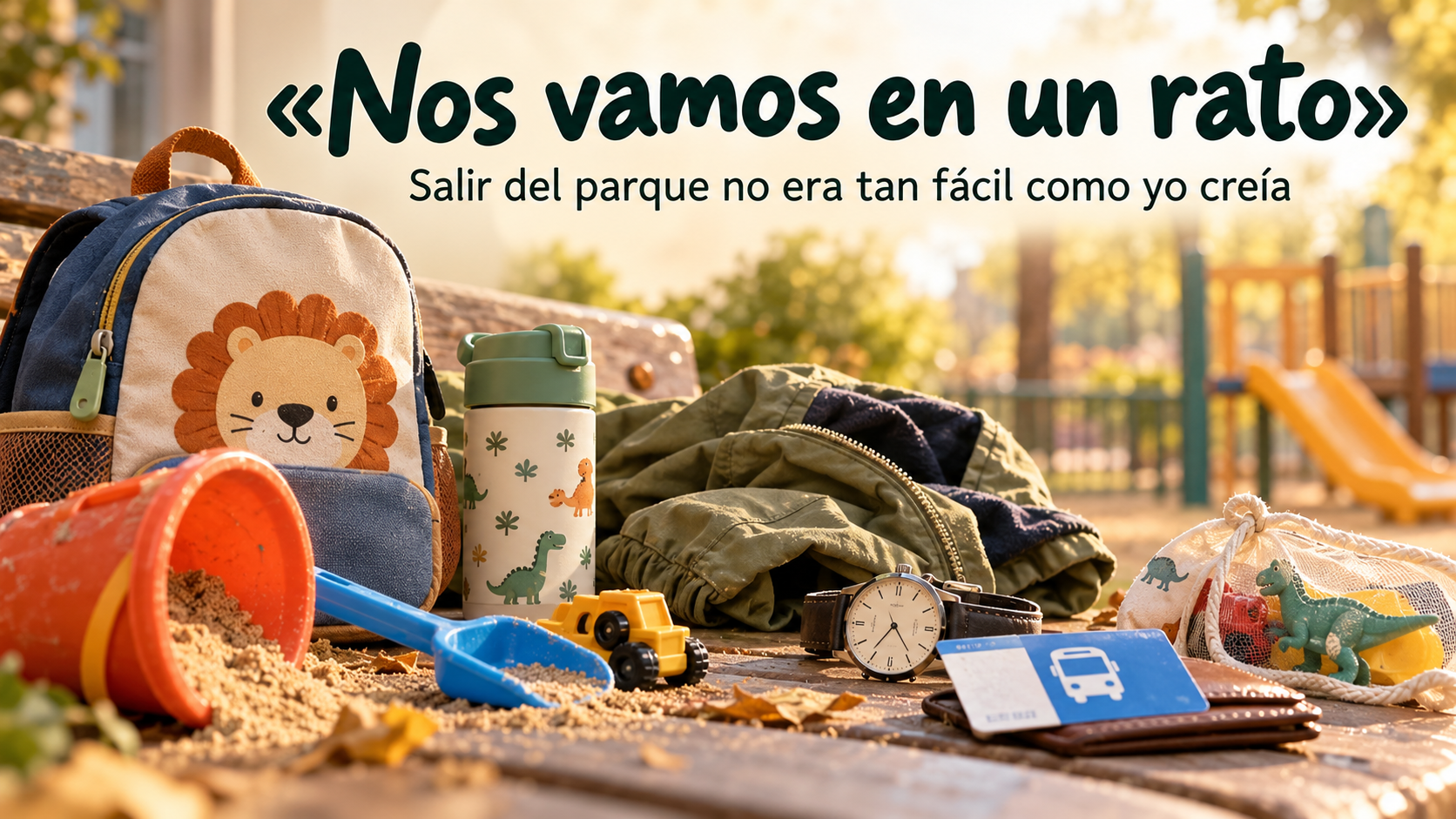 Mochila y juguetes infantiles en un banco del parque, junto a un reloj y una tarjeta de autobús; imagen del artículo Nos vamos en un rato
