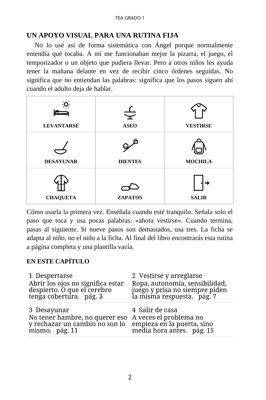 Página real de TEA grado 1 con apoyo visual para una rutina fija