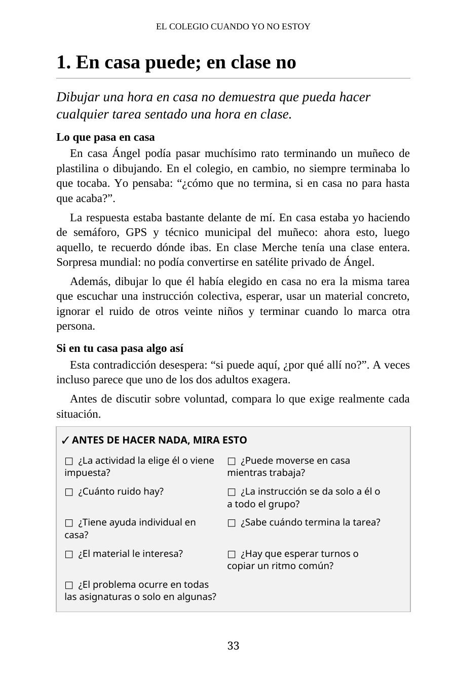Página real de TEA grado 1 con checklist para comparar casa y colegio