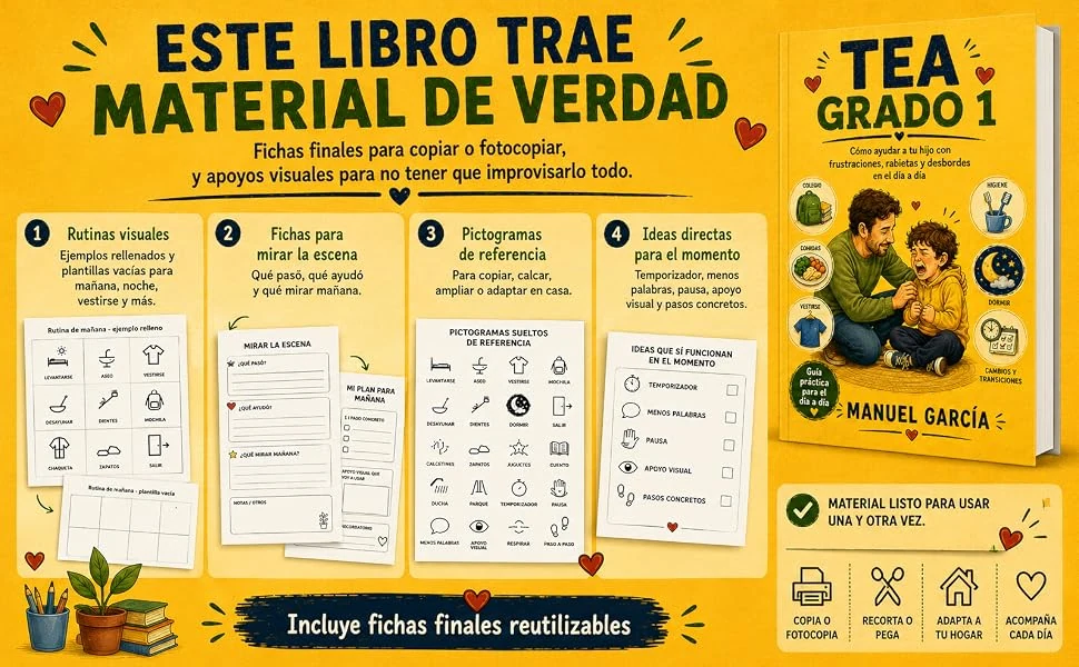 Material de apoyo incluido en el libro: rutinas, fichas, pictogramas y apoyos visuales.